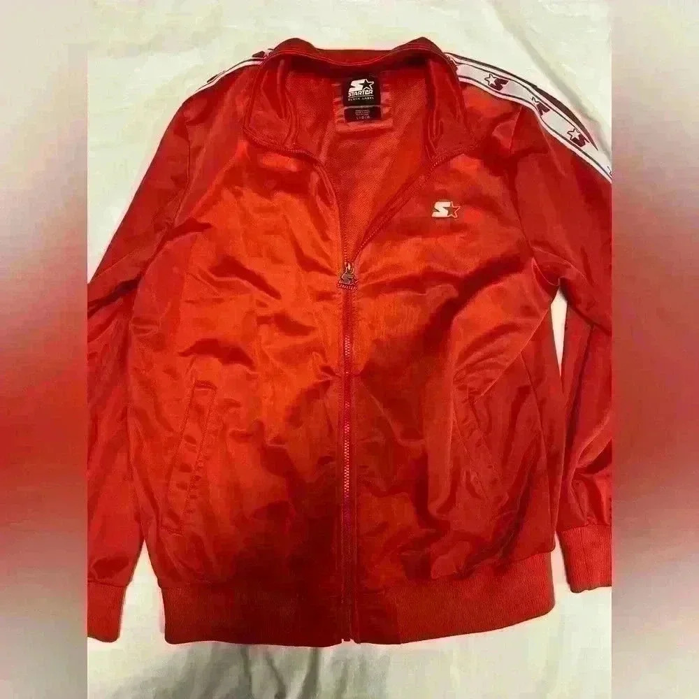 Red Starter zip up top, men’s large, black label